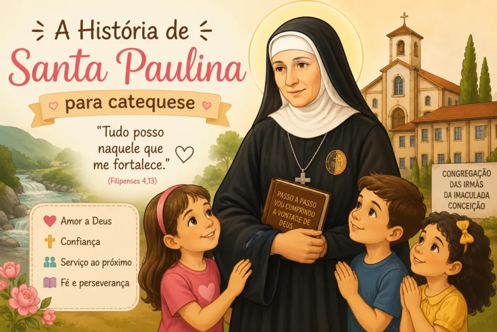 Ilustração de Santa Paulina ensinando crianças sobre a fé, a oração e o amor ao próximo durante um encontro de catequese.
