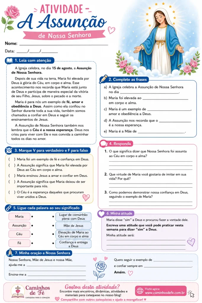 Atividade sobre a Assunção de Nossa Senhora para catequese