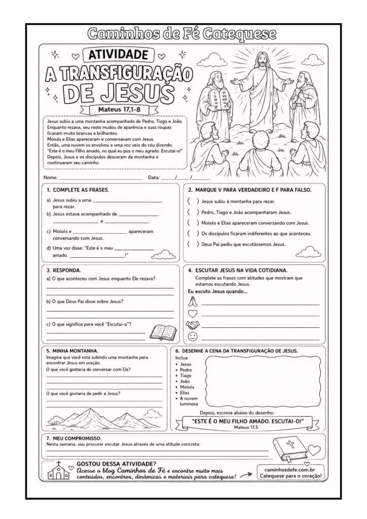 Atividade escrita sobre a Transfiguração de Jesus para crianças e adolescentes na catequese.