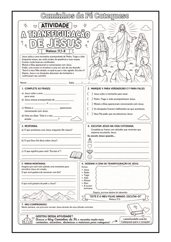 Atividade escrita sobre a Transfiguração de Jesus para crianças e adolescentes na catequese.