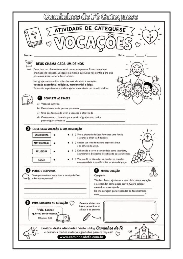 Atividade escrita sobre as vocações para catequese