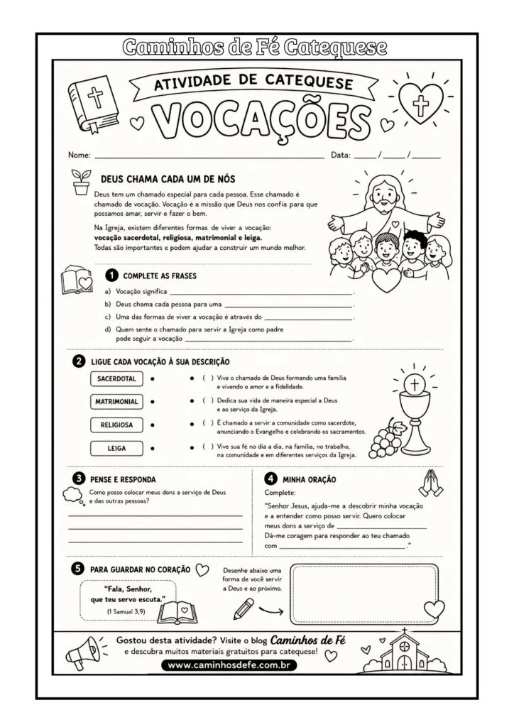 Atividade escrita sobre as vocações para catequese