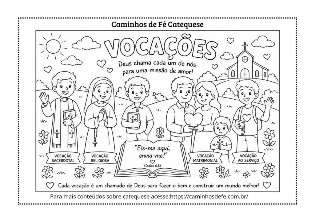 Desenho das vocações para colorir e atividade para catequese