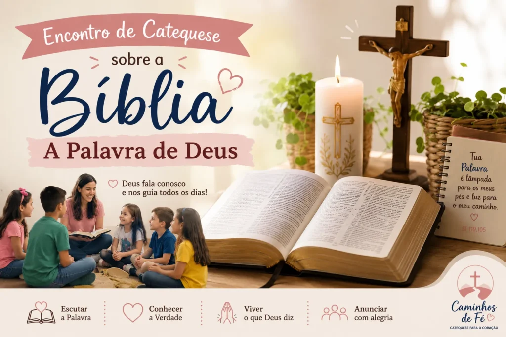 Encontro de catequese sobre a Bíblia e a Palavra de Deus com crianças, catequista e Bíblia aberta