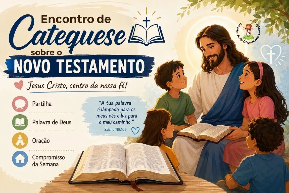 Encontro de catequese sobre o Novo Testamento com Jesus, crianças e Bíblia