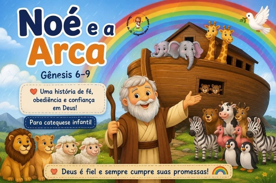 Noé diante da arca com animais e um arco-íris, em ilustração para catequese infantil