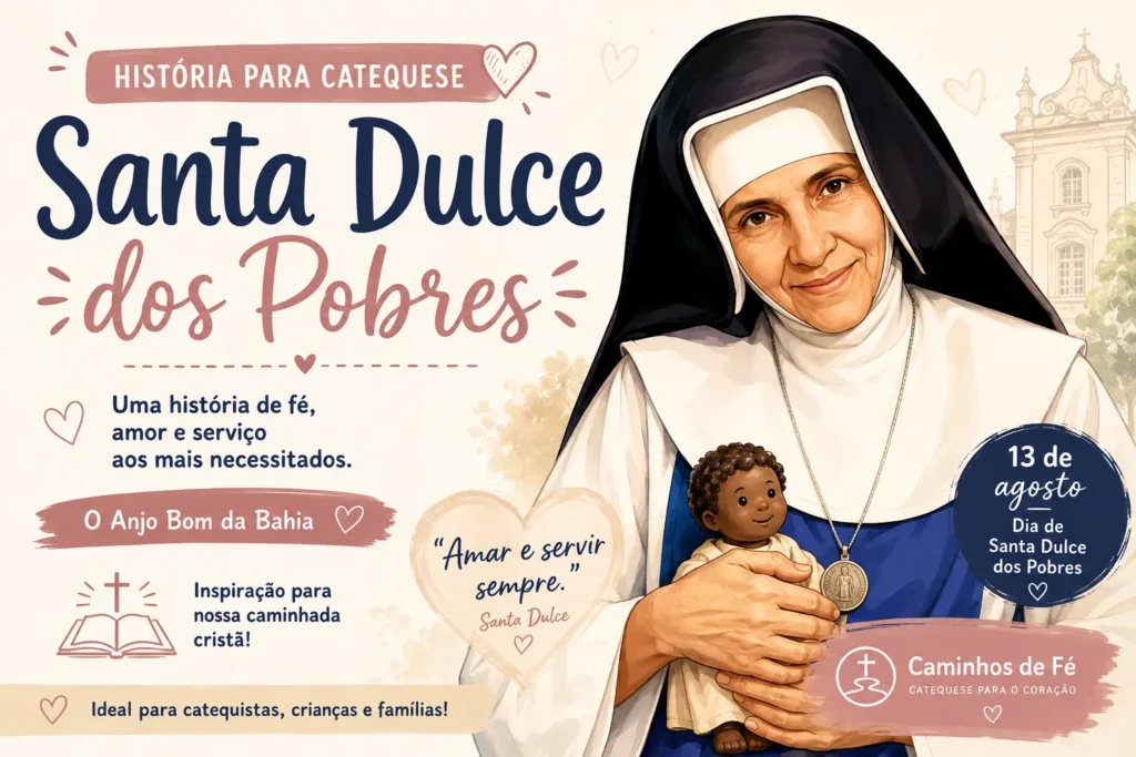 Santa Dulce dos Pobres segurando uma criança em ilustração para catequese sobre fé, caridade e amor ao próximo.