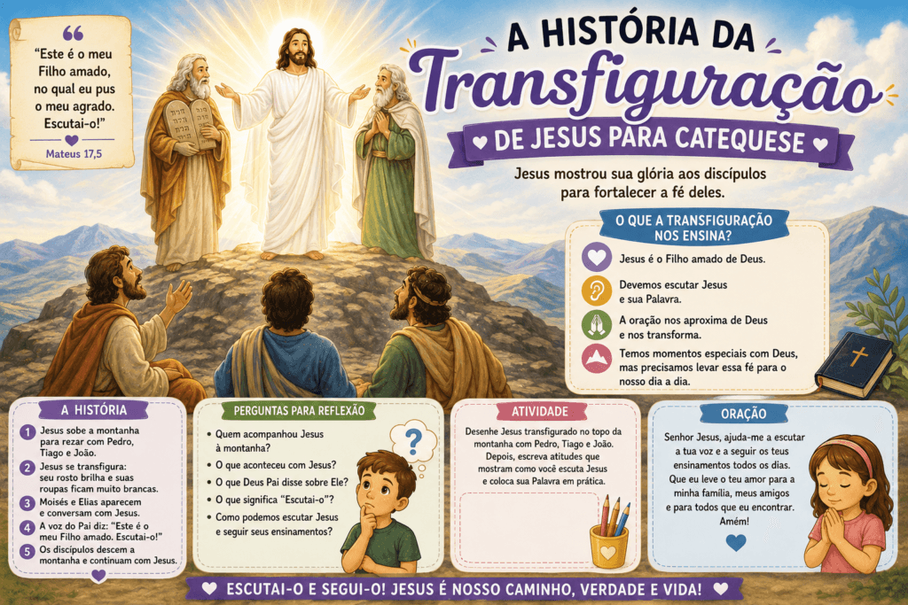 Ilustração da Transfiguração de Jesus com Pedro, Tiago e João no alto da montanha, para catequese infantil.