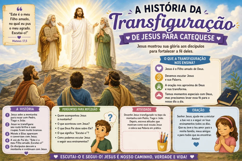 Ilustração da Transfiguração de Jesus com Pedro, Tiago e João no alto da montanha, para catequese infantil.