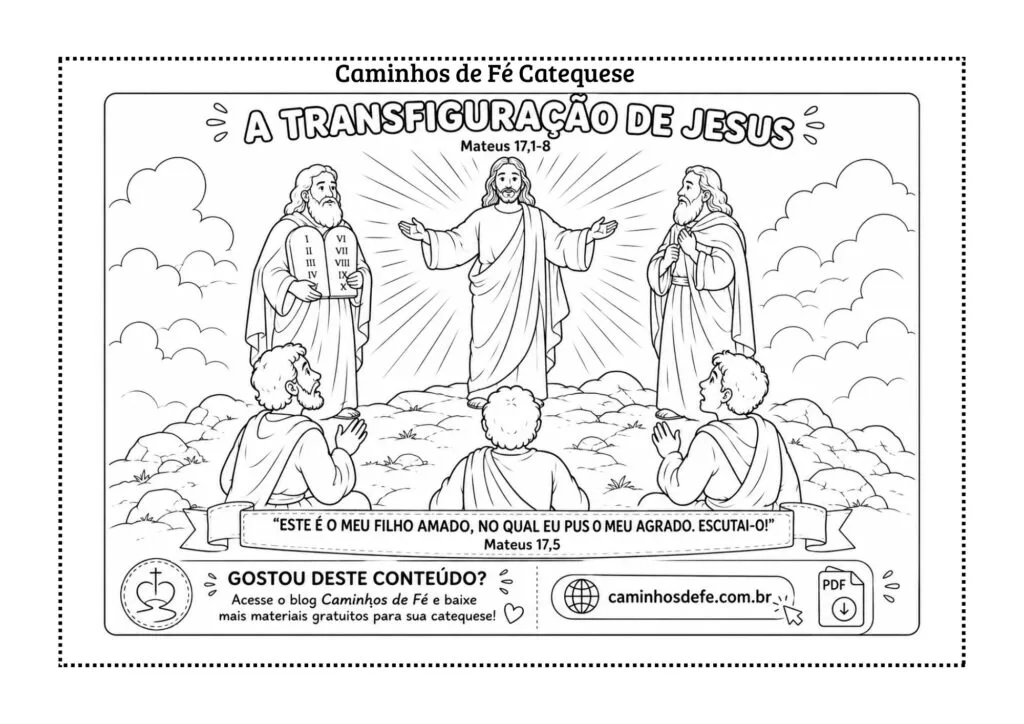 Desenho da Transfiguração de Jesus com Pedro, Tiago e João para colorir na catequese.