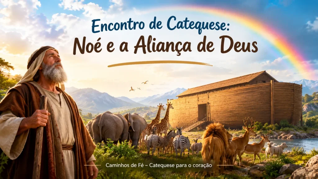 Noé próximo à arca com animais e arco-íris representando a Aliança de Deus