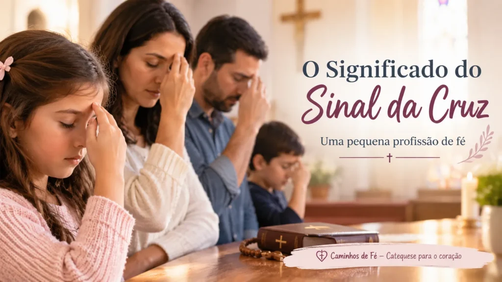 O Significado do Sinal da Cruz representado por uma família católica em oração