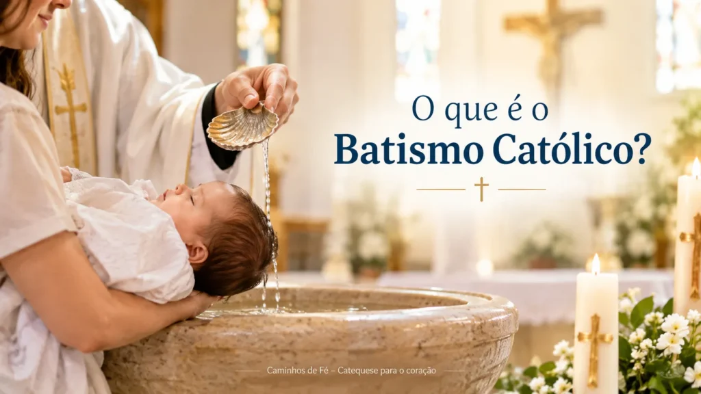 Batismo Católico: sacerdote derrama água sobre a cabeça de um bebê durante a celebração do sacramento do Batismo em uma igreja iluminada.
