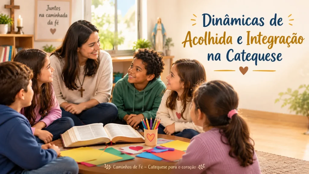 Dinâmicas de acolhida e integração na catequese com crianças reunidas em círculo e catequista em um ambiente acolhedor.