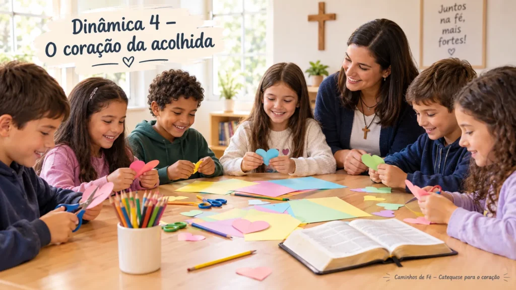 Dinâmicas de acolhida e integração na catequese com crianças confeccionando corações de papel ao lado da catequista e de uma Bíblia aberta.