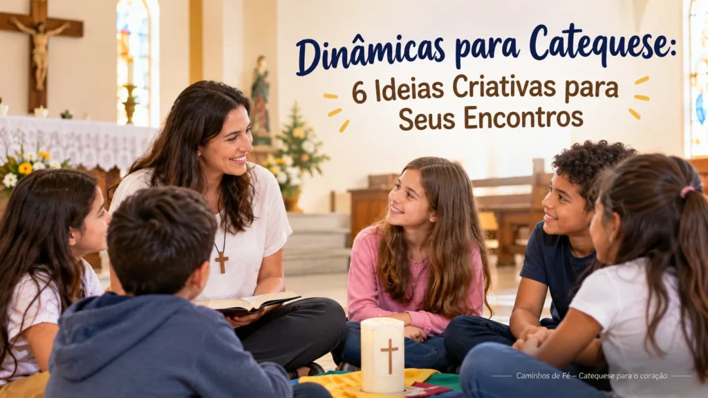 Dinâmicas para catequese: catequista reunida com crianças em uma igreja iluminada, em um momento acolhedor de aprendizagem e vivência da fé católica.