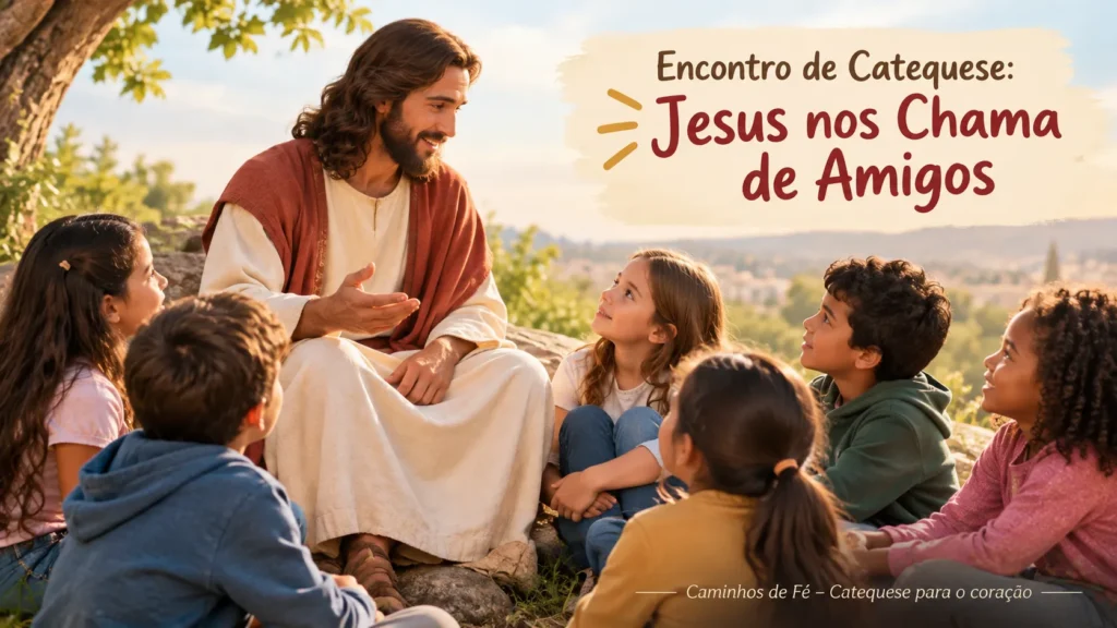 Encontro de catequese sobre a importância da amizade, com Jesus sentado em uma pedra ensinando crianças que o escutam atentamente.