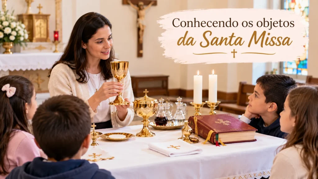 O que significam os objetos do altar: catequista apresenta objetos litúrgicos da Santa Missa para crianças