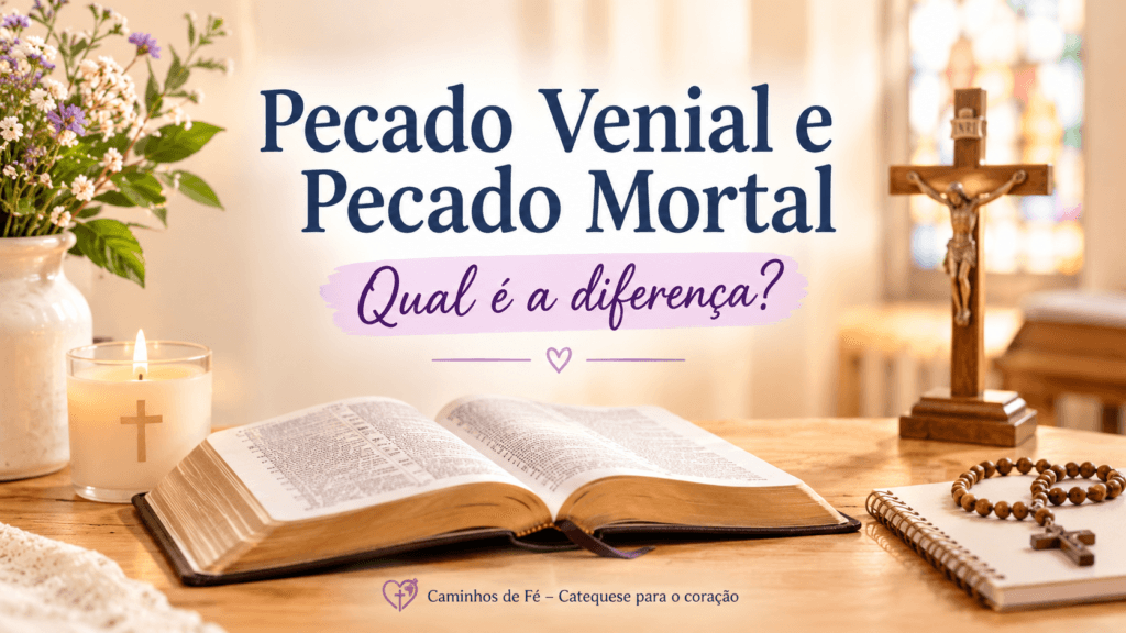 Pecado venial e pecado mortal: imagem catequética com Bíblia aberta, crucifixo, rosário e elementos de oração.
